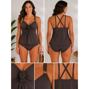 NWT Brown Knot Front Tankini Swimsuit 2XL Full Coverage Adjustable Straps